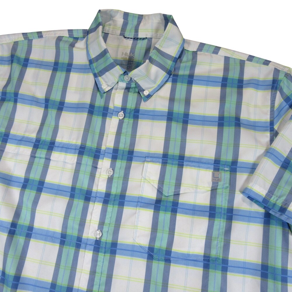 Huk 2X Men's Blue Green Plaid Button-Down Shirt